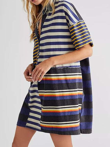 Striped Oversized Half Button Shirt Dress Blue And Yellow Stripes S