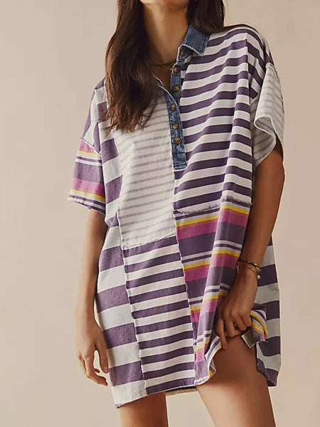 Striped Oversized Half Button Shirt Dress Lilac Stripes S