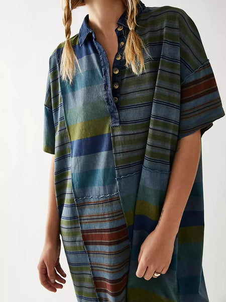 Striped Oversized Half Button Shirt Dress Dark Green Stripes S