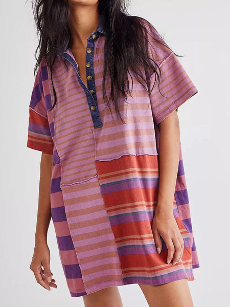 Striped Oversized Half Button Shirt Dress Pink And Purple Stripes S
