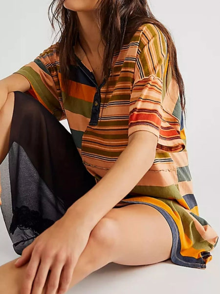 Striped Oversized Half Button Shirt Dress