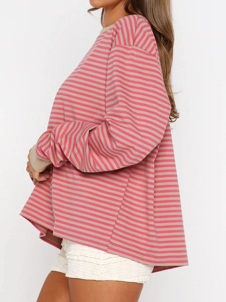 Striped Oversized Round Neck Sweatshirt: WAREHOUSE FIND