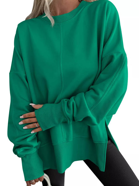 Side Slit Round Neck Long Sleeve Sweatshirt Green S
