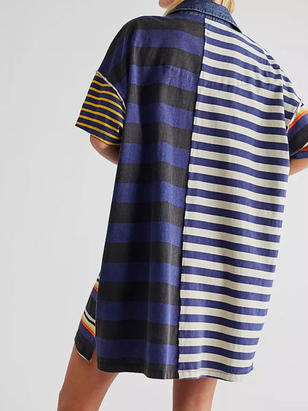 Striped Oversized Half Button Shirt Dress