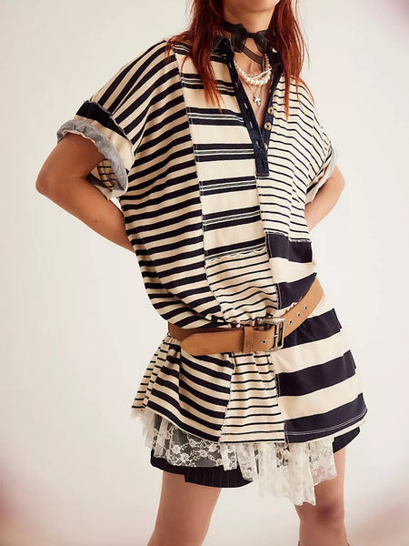 Striped Oversized Half Button Shirt Dress