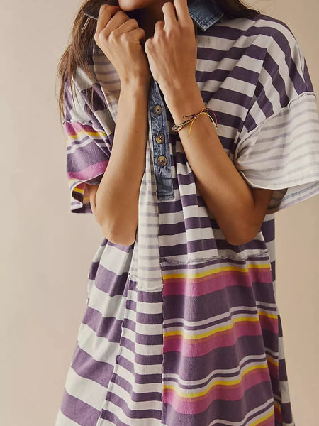 Striped Oversized Half Button Shirt Dress