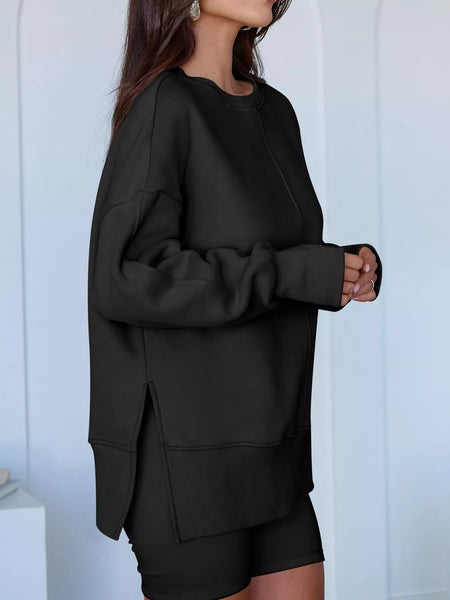 Side Slit Round Neck Long Sleeve Sweatshirt