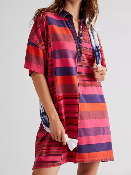 Striped Oversized Half Button Shirt Dress Rose Stripes S