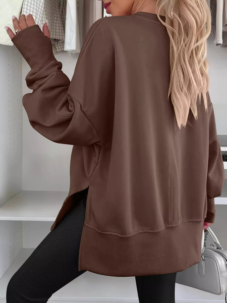 Side Slit Round Neck Long Sleeve Sweatshirt