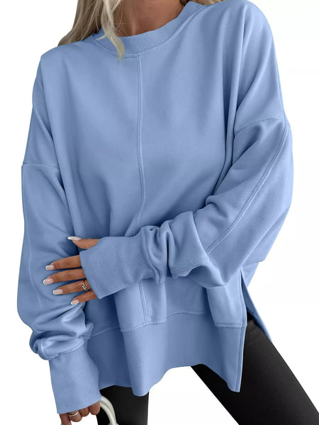 Side Slit Round Neck Long Sleeve Sweatshirt Light Blue S