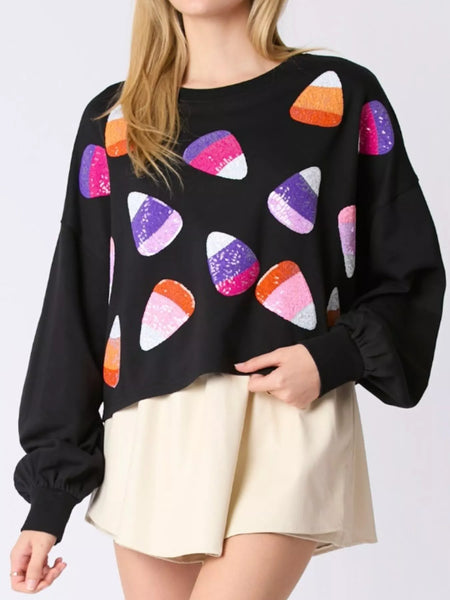Halloween Candy Sequin Long-Sleeve Sweatshirt