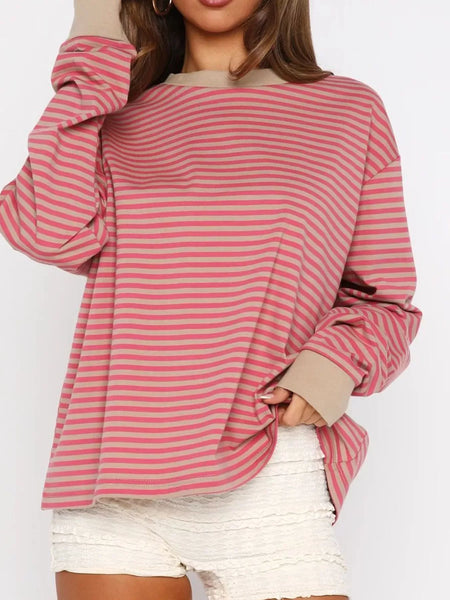 Striped Oversized Round Neck Sweatshirt: WAREHOUSE FIND Coral S
