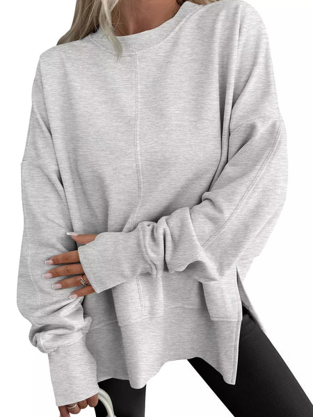 Side Slit Round Neck Long Sleeve Sweatshirt Gray S