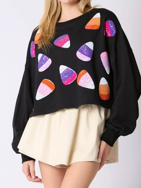 Halloween Candy Sequin Long-Sleeve Sweatshirt Black S