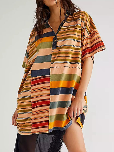 Striped Oversized Half Button Shirt Dress Orange-red Stripes S