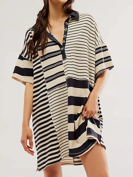 Striped Oversized Half Button Shirt Dress Black And White Stripes S