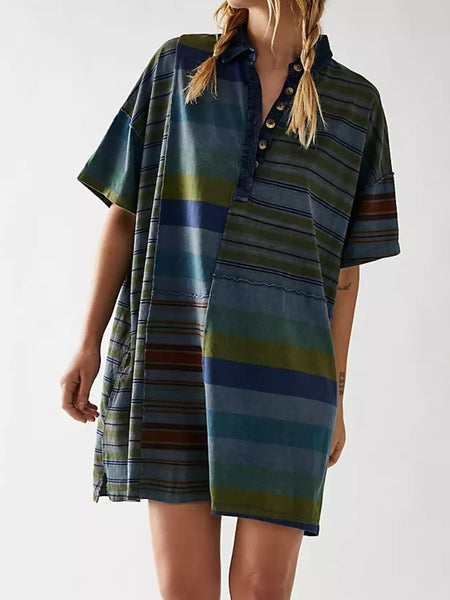 Striped Oversized Half Button Shirt Dress