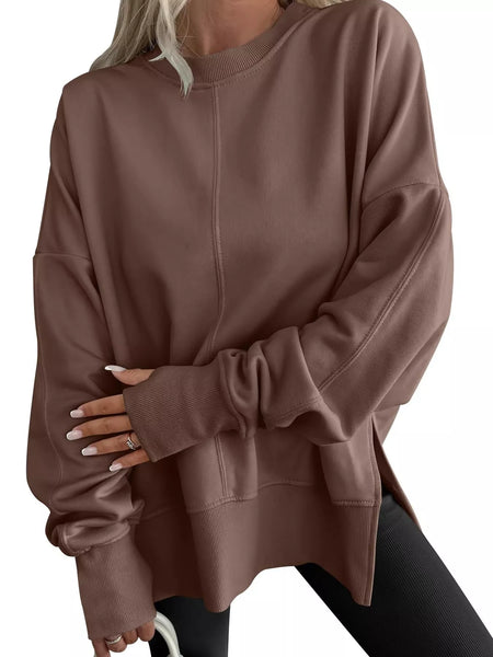 Side Slit Round Neck Long Sleeve Sweatshirt Dark Brown S