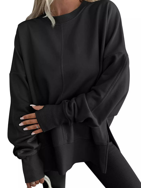 Side Slit Round Neck Long Sleeve Sweatshirt Black S