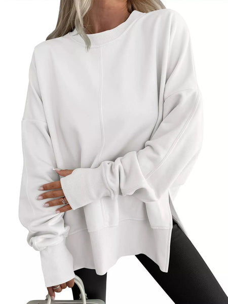 Side Slit Round Neck Long Sleeve Sweatshirt White S