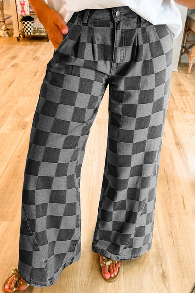 Checkered Wide Leg Jeans with Pockets Dark Gray 4