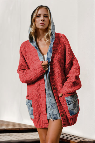 Double Take Full Size Hooded Denim Spliced Sweater Cardigan Deep Red S/M