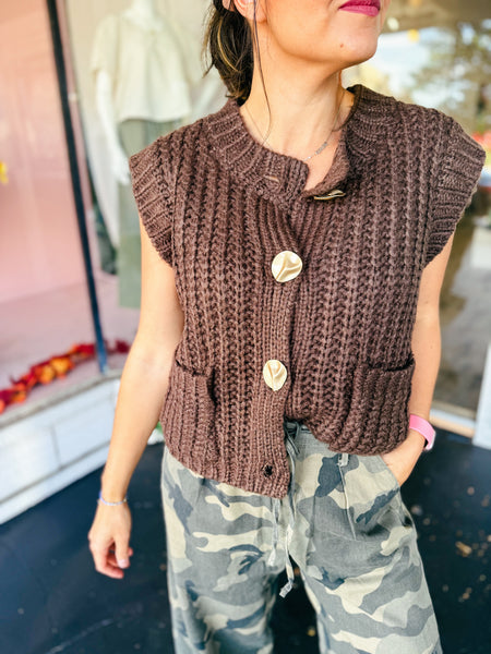 Chocolate Chunky Sweater with Gold Button