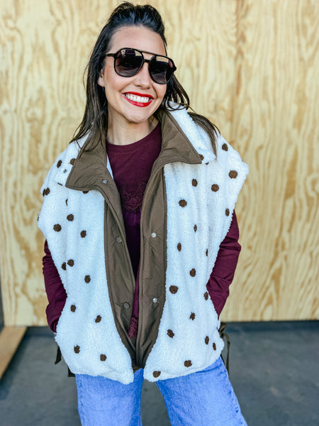 Cream with brown polka dot sherpa vest