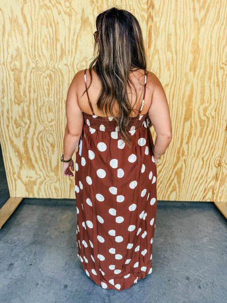 Chocolate with white polka dot maxi dress