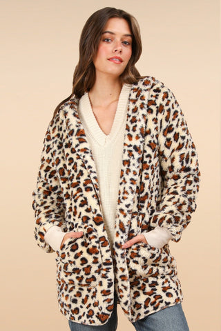 VERY J Fuzzy Leopard Long Sleeve Hooded Jacket  Ivory Leopard S 