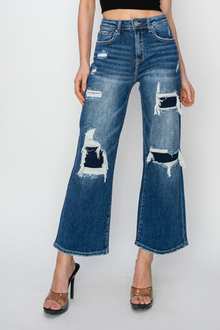 Risen Full Size High Rise Patch Detailed Wide Leg Crop Jeans  Medium 0(24) 