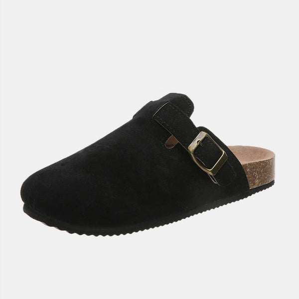 Suede Closed Toe Buckle Slide Black 6