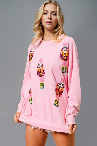 Double Take Sequin Nutcracker Round Neck Long Sleeve Sweatshirt Pink S