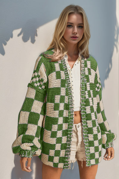 Double Take Full Size Open Front Checkered Drop Shoulder Cardigan  Green S/M 