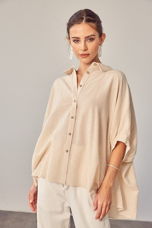 Striped Button Up Shirt  TAUPE S 