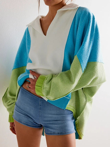 High-Low Exposed Seam Contrast Long Sleeve Sweatshirt White/Blue/Green S