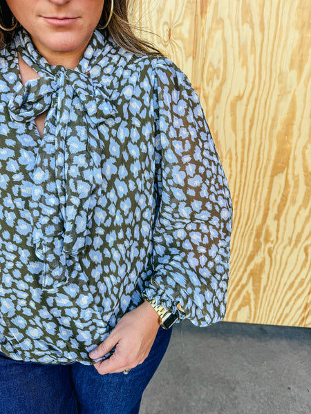 Wild Romance Blue Leopard Balloon Sleeve Tie-Neck Blouse