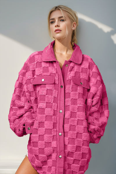 Warehouse Button Up Fuzzy Checkered Shacket Hot Pink S