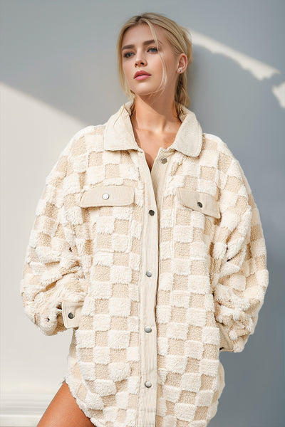 Warehouse Button Up Fuzzy Checkered Shacket Cream S