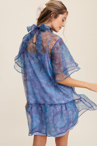 Mock Neck Blue Organza Dress