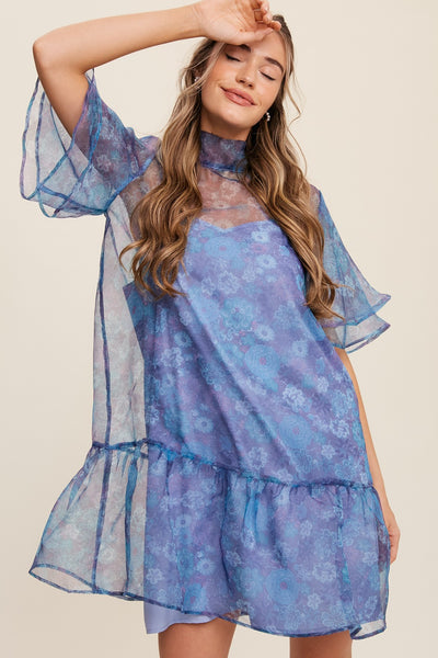 Mock Neck Blue Organza Dress