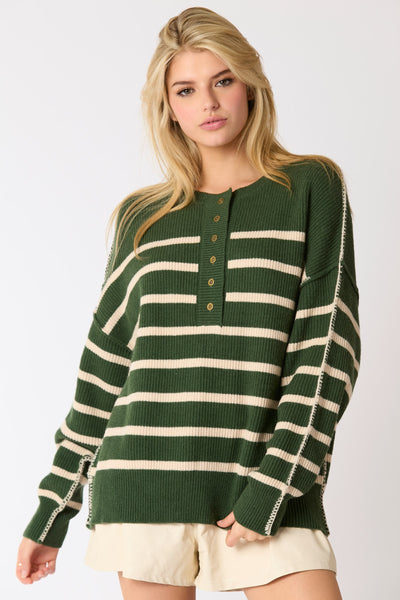 Hunter Green Stripe Henry Pullover    