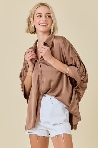 Cocoa Satin Collared Button Down    