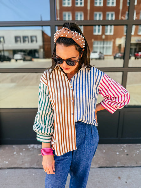 Multi Stripe Button Up Blouse