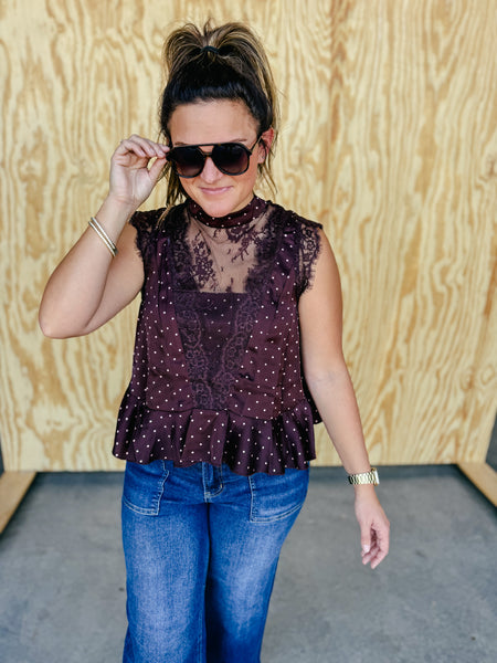 Strawberry Wine Polka Dot Satin Lace Ruffled Blouse