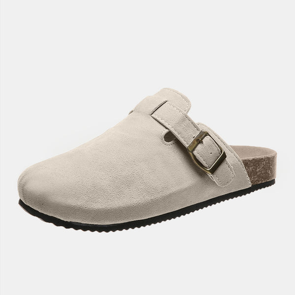 Suede Closed Toe Buckle Slide Beige 6