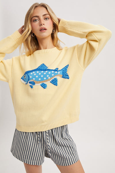 Sunny Lemon Whimsical Fish Knit Sweater – Coastal Graphic Pullover