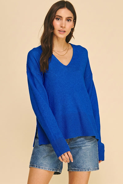 Cobalt Blue Oversized V-Neck Hi-Low Sweater