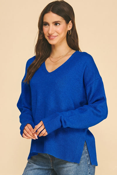 Cobalt Blue Oversized V-Neck Hi-Low Sweater