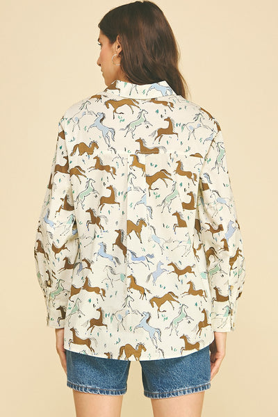 Stay Wild Horse Print Cotton Button-Down Blouse